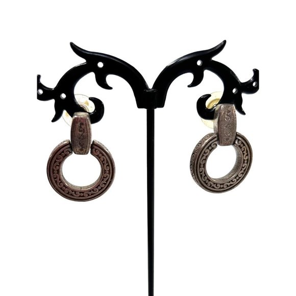 Vintage Sivertone Door Knocker Earrings Embossed 1 1/8" Drop Post Pierced - Picture 1 of 6